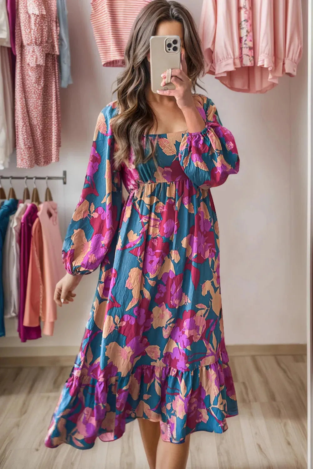 Square Neck Balloon Sleeve Midi Dress Hot Pink Casual Dresses - Tophatter Daily Deals